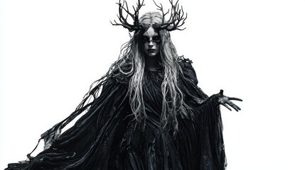 Scandinavian goddess Hel emerges with an imposing presence featuring dark attire and antlered headdress showcasing her connection to the underworld and mythology.