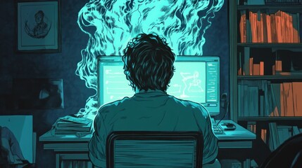 Aufkleber - A Man Working on His Computer in a Dark Room