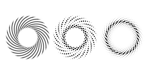 Wall Mural - Set of black dotted vortex shapes. Geometric art. Halftone dots. Trendy design element for logo, tattoo, sign, symbol, web, prints, posters, social media, template, pattern and abstract background