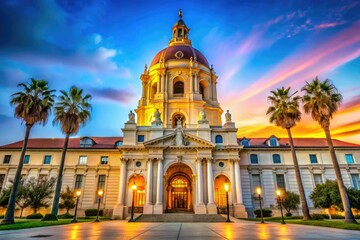 A captivating low-angle shot emphasizes the beauty of Pasadena City Hall, revealing its stunning Mediterranean Revival architecture and ornate details beneath a brilliant sky.