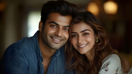 Poster - A joyful couple poses closely, smiling warmly at the camera.