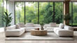 © PicMind - Modern living room with large windows, white sofa, wooden table, and green plants