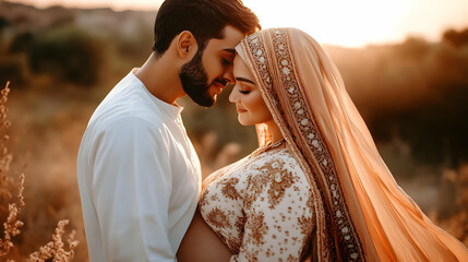 Canvas Print - A couple embraces in a warm sunset, celebrating pregnancy and love.