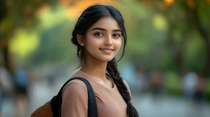 Poster - A young woman smiles warmly in a park setting, embodying a sense of joy and tranquility.