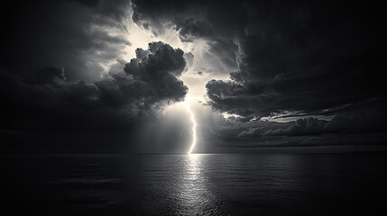 Wall Mural - A lightning bolt striking the sea, illuminating dark clouds over an ocean in monochrome