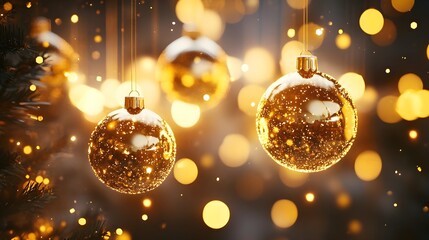 Canvas Print - Happy Christmas light decorations in new year night winter background. Ornaments elements gold confetti bokeh color Xmas ornaments Glass ball tree decorations. Christmas glowing Golden Background