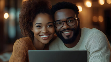 Poster - A joyful couple smiling together while using a laptop.