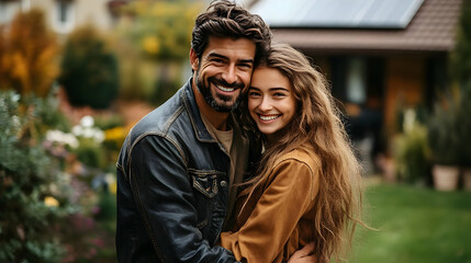 Poster - A joyful couple embracing in a garden setting.