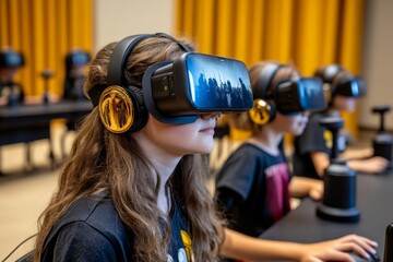 Poster - A futuristic classroom where students learn about history through immersive virtual reality experiences of key historical events