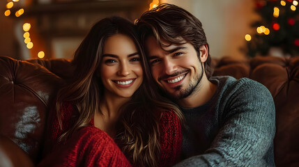 Wall Mural - A couple smiling together on a cozy couch during the holidays.