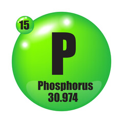 Phosphorus element. Atomic symbol P. Atomic number fifteen. Mass 30.974.