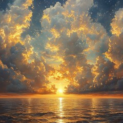 Wall Mural - A breathtaking sunset over the ocean with dramatic, golden clouds reflecting on the water.