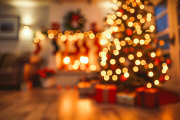 Beautiful blurred interior of a living room decorated for Christmas in warm cozy brown tones. Christmas tree, lights and gifts out of focus.