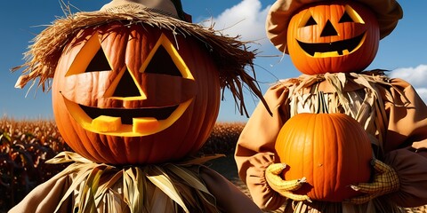 Halloween and autumn scarecrow in an open field representing fall season and Halloween party (16)