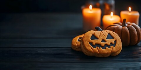 Creepy Halloween pumpkin-shaped cookies with an evil face and eyes on a black wooden table with candles. Mockup with empty space for halloween style product