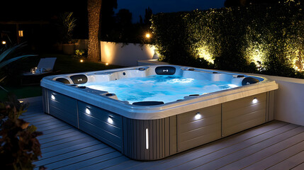 Canvas Print - A lit hot tub in a serene outdoor setting at night.