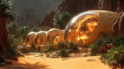 Wall Mural - Futuristic dome structures nestled in a desert landscape with palm trees.