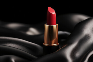 red lipstick on silky background. cosmetics for women. Product photography shot. close up of red lipstick. AI Generated	