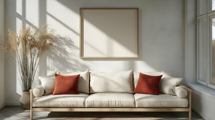 Wall Mural - Cozy living room with a neutral sofa and decorative elements.