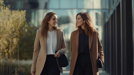 Two businesswomen engaged in conversation while walking outside a modern corporate building during the afternoon