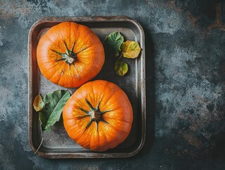 Poster - Autumn nutrition with fresh pumpkin on a metal tray on a dark stone background