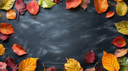 Autumn leaves flat lay mock up on blackboard background with empty space