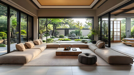 Sticker - Modern living room with a serene garden view.