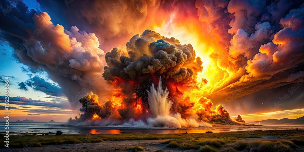 A massive explosion erupts, sending a thick smoke cloud spiraling into ...