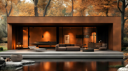 Wall Mural - Modern home in autumn setting with serene water reflection.