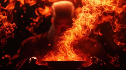 Poster - Mystical figure holding a bowl of vibrant flames against a dark backdrop.