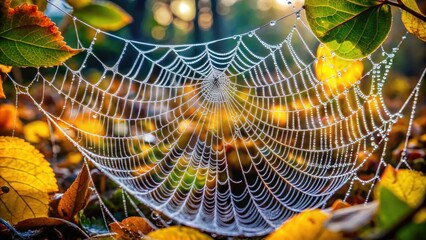 A sprawling spider web adorned with shimmering water droplets rests on a leaf, revealing nature's stunning elegance through intricate detail on the earth below.