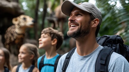 A group of people including a man and two children enjoys a jungle tour, marveling at a realistic animal statue, capturing a moment of wonder and discovery.