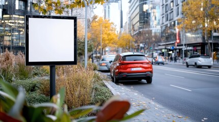 An urban street scene during autumn displays a blank billboard alongside colorful foliage and vehicles, evoking a sense of change and movement in a bustling city landscape.