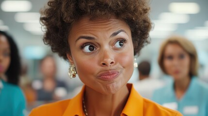 A woman with curly hair and an orange shirt makes a playful expression, showcasing curiosity and engagement in a bright indoor setting.