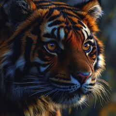 Wall Mural - Close-up portrait of a majestic tiger with piercing amber eyes, showcasing its striking orange and black stripes against a dark background.