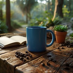 blue cup of coffee on a wooden table