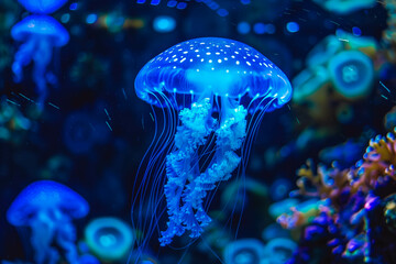 Common jellyfish in aquarium lit by blue light. Aquamarine life.