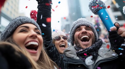 A group of cheerful people delight in a joyful celebration amidst cascading colorful confetti, embodying happiness and exuberant festivity in a lively city setting.