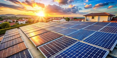 A rooftop solar panel array basking in the golden glow of a vibrant sunset, capturing the energy of the day to power the future.