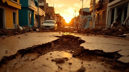 This image displays a severely cracked street in an urban area, highlighting significant earthquake damage under the early morning light with debris and abandoned vehicles.