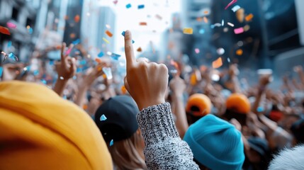 A bustling city scene with people celebrating under a shower of colorful confetti, reflecting urban energy, unity, and the vibrant spirit of festivities.