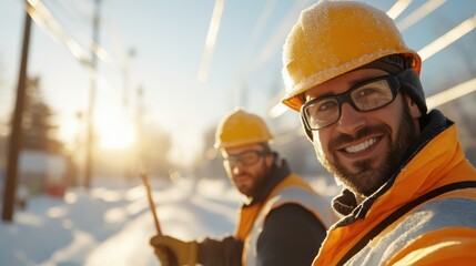 In a bright snowy landscape, two technicians sporting smiles carry out repair work on utility lines, emphasizing teamwork and a positive work environment.