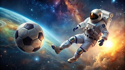 Wall Mural - a lone astronaut kicks a soccer ball across the void of space, a cosmic spectacle of athleticism and