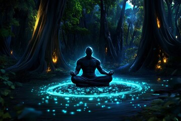 Poster - A magical forest where a peaceful figure meditates in a glowing clearing, surrounded by ethereal light, embodying the mystical sense of eudaimonia