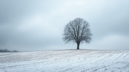 Wall Mural - A lone tree standing in a vast, empty field during winter