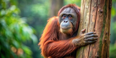 Wall Mural - High Angle Orangutan clinging to a dying tree in a deforested area closeup empty area on the side wildlife global warming deforestation effects