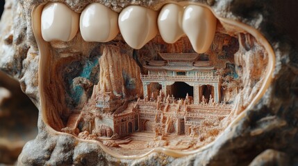 A cross-section of a complete molar tooth revealing an ancient Chinese grotto with intricate architecture and Dunhuang murals, depicted in ultra-high-definition sci-fi style with clean textures, 64K 