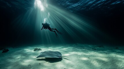 Wall Mural - A diver swimming above the sandy seafloor at night, encountering a stingray gliding gracefully, with light beams cutting through the dark waters of Koh Tao.