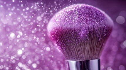 A makeup brush with glitter powder on it, against a purple background