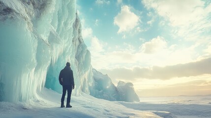 Canvas Print - A man standing at the edge of a glacier, looking at the stunning ice formations under a bright winter sky.